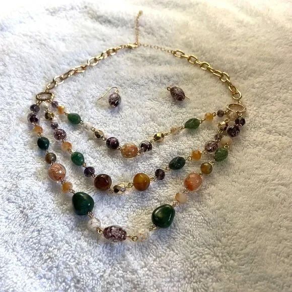 Studio 1886 Bohemian Multi-Strand Gemstone Statement Necklace Gold With Earrings - Picture 3 of 6